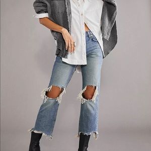 Free People Ripped Denim Mid-Rise Straight Leg Denim